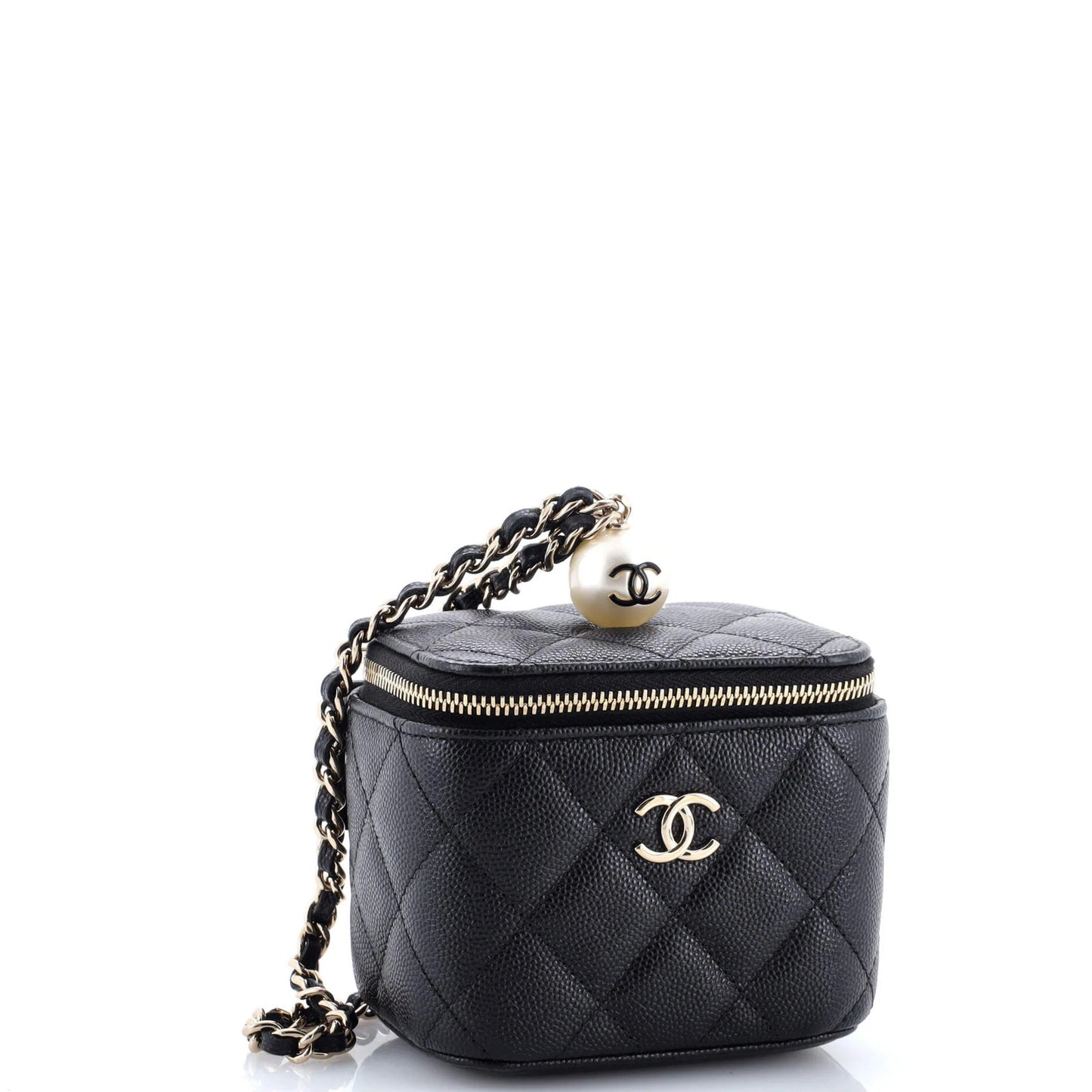 Chanel Classic Pearl Vanity Case With Chain Quilted Caviar Mini