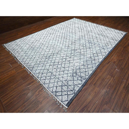 9'1"X12'4" Ivory Hand Knotted Moroccan Weave Criss Cross Design Rug