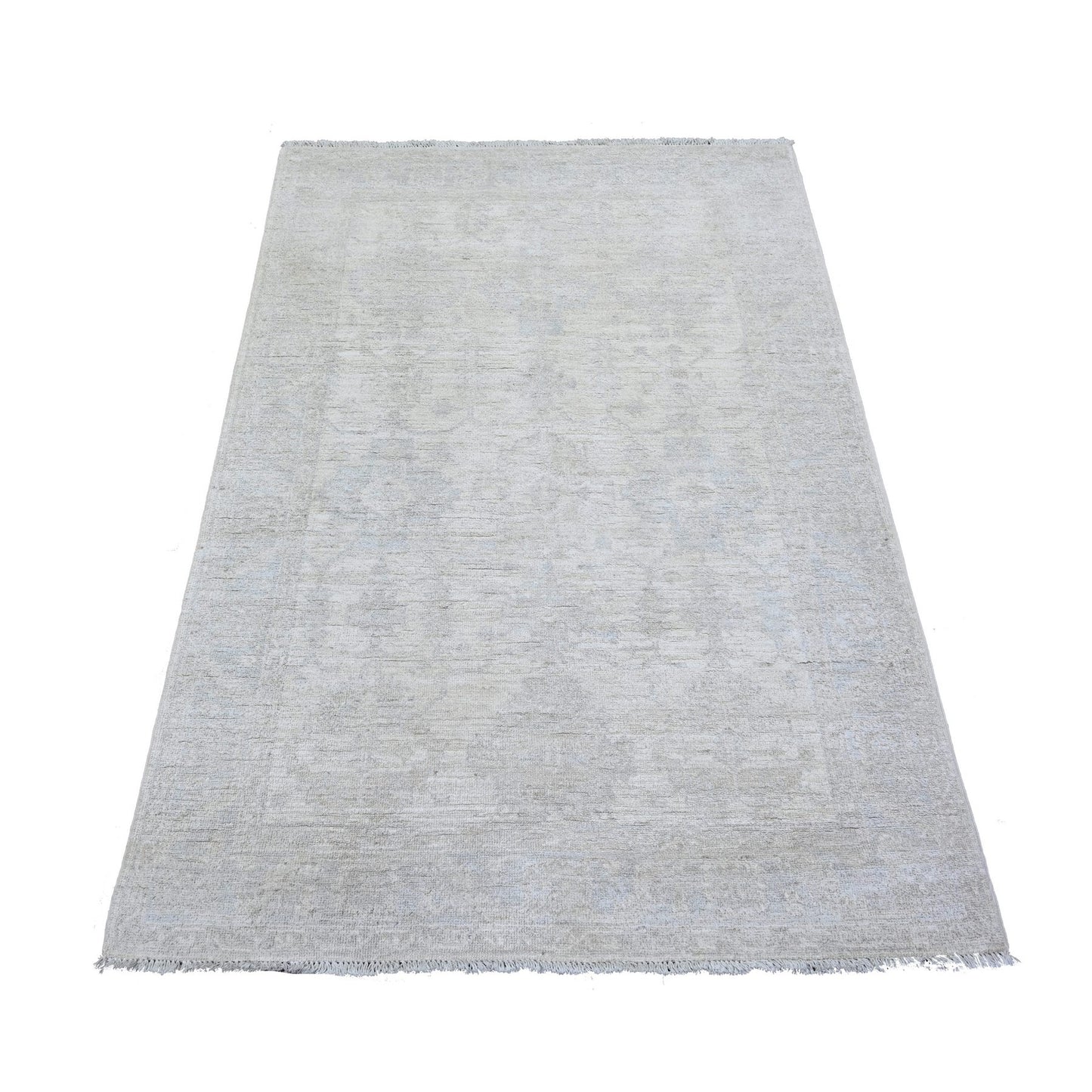 3'10"X5'7" Ivory Washed Out Peshawar Faded Designs Wool Hand Knotted Rug