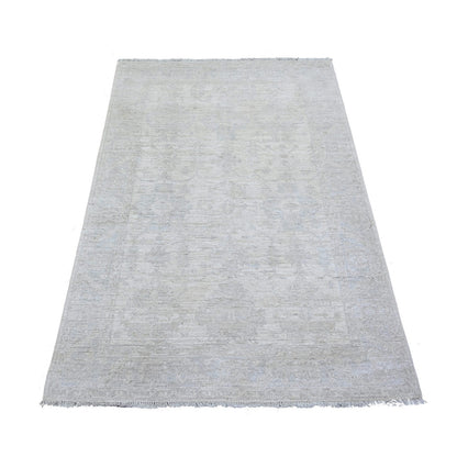 3'10"X5'7" Ivory Washed Out Peshawar Faded Designs Wool Hand Knotted Rug