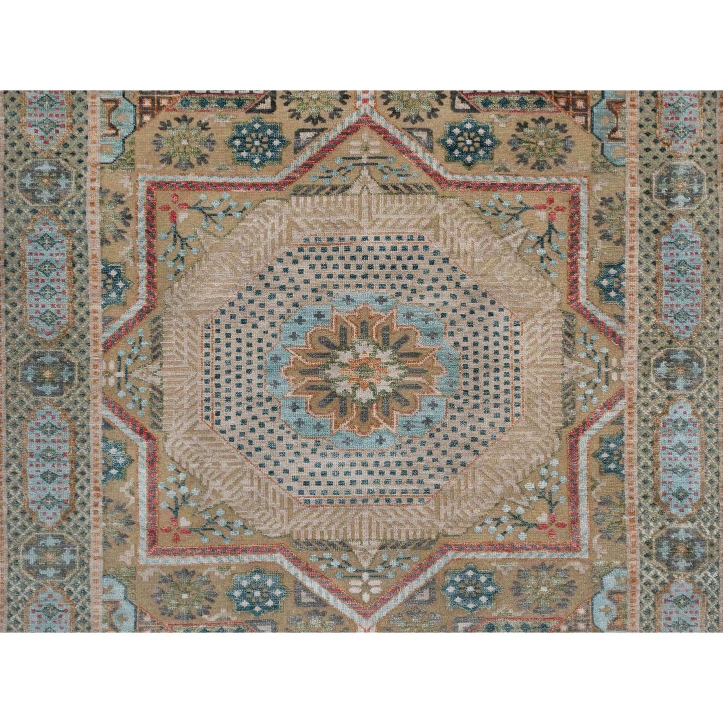 4'1"X6' Khaki Brown Wool And Silk Rug Mamluk Design Hand Knotted Oriental