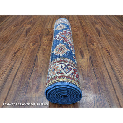 2'8"X10'5" Hand Knotted Denim Blue Extra Soft Wool Super Kazak Runner Rug