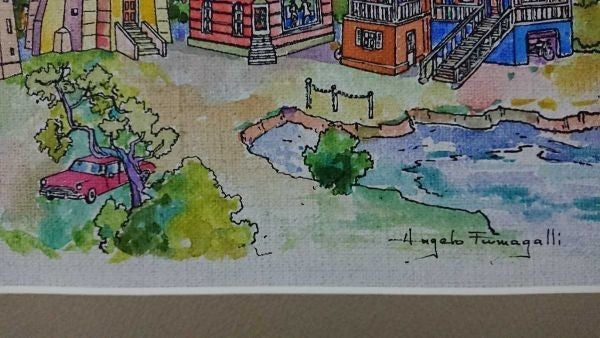 Italian Signed Canvas Watercolor Art Original Cityscape 36x26cm