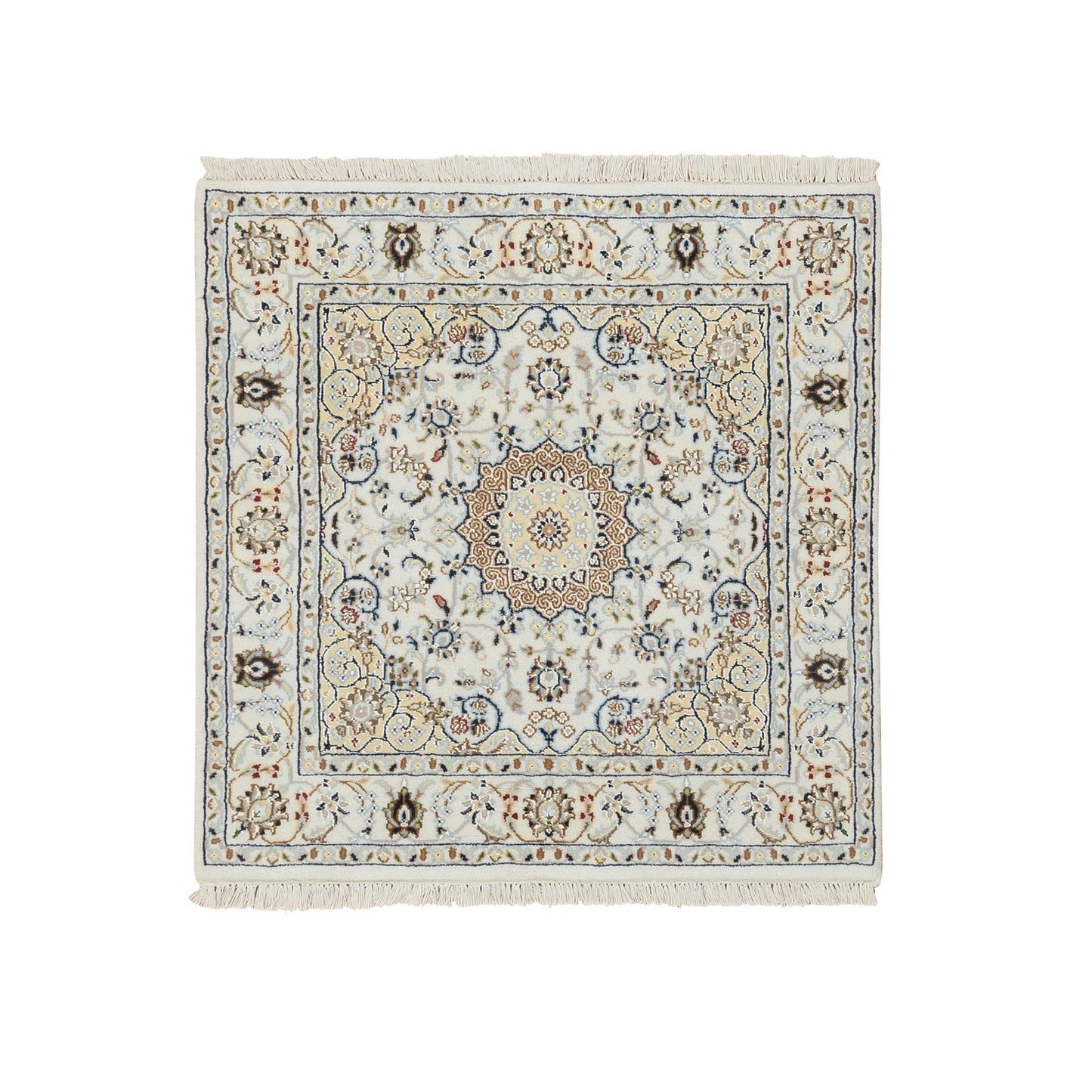 3'1"X3'1" Ivory 250 Kpsi Nain Pure Wool Hand Knotted Square Oriental Rug