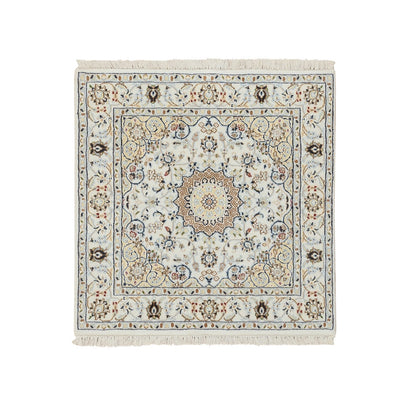 3'1"X3'1" Ivory 250 Kpsi Nain Pure Wool Hand Knotted Square Oriental Rug