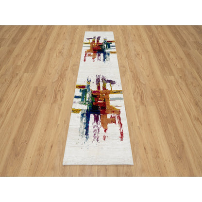 2'6"X9'10" Ivory Abstract Motifs Wool And Silk Hand Knotted Runner Rug