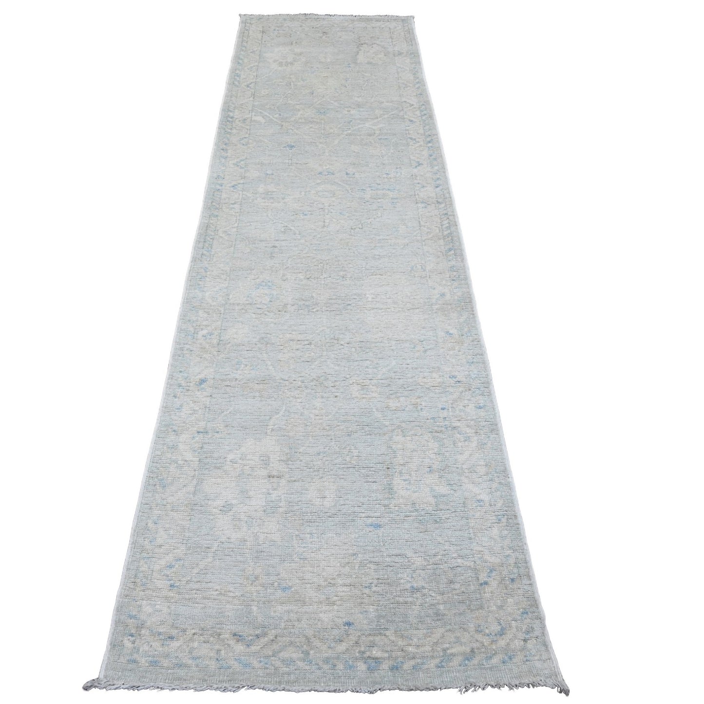 2'8"X9'8" Gray Hand Knotted Angora Oushak Leaf Design All Wool Runner Rug