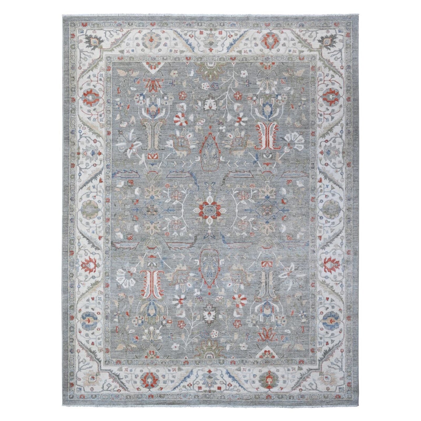 9'2"X11'10" Shark Gray Hand Knotted Heris All Over Design Peshawar Rug