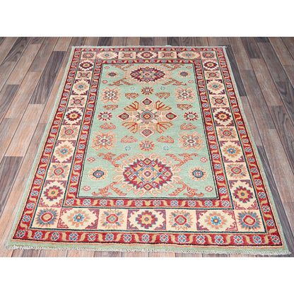 3'5"X5' Honeydew Green Kazak With Tribal Design Soft Wool Hand Knotted Rug