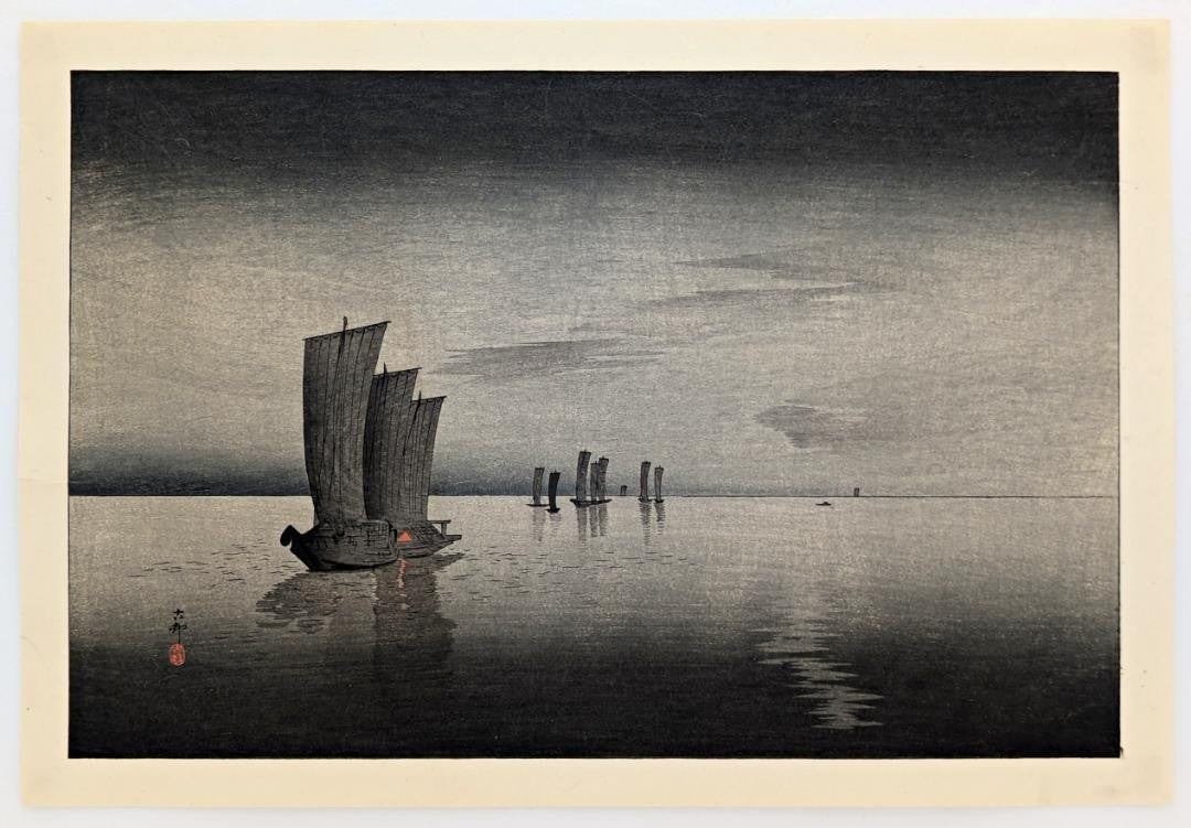 Rare Japanese Woodblock Print "Sailing Boats" By Koson Ohara (Shoson), C. Meiji