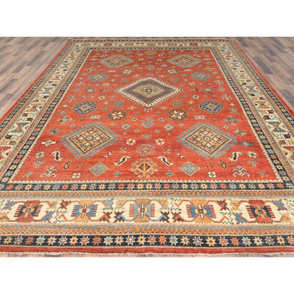 9'X11'9" Crimson Red Special Kazak Wool Hand Knotted Oriental Rug