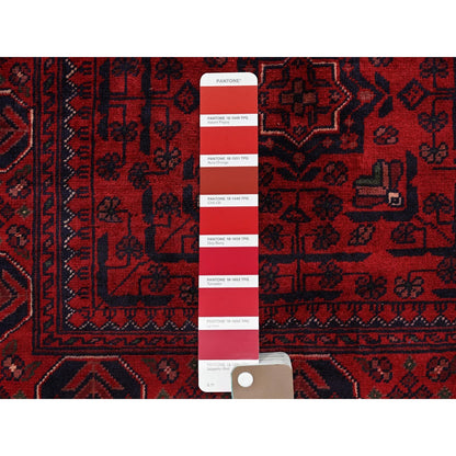 2'7"X3'10" Red Hand Knotted Afghan Khamyab Geometric Design Wool Sample Rug