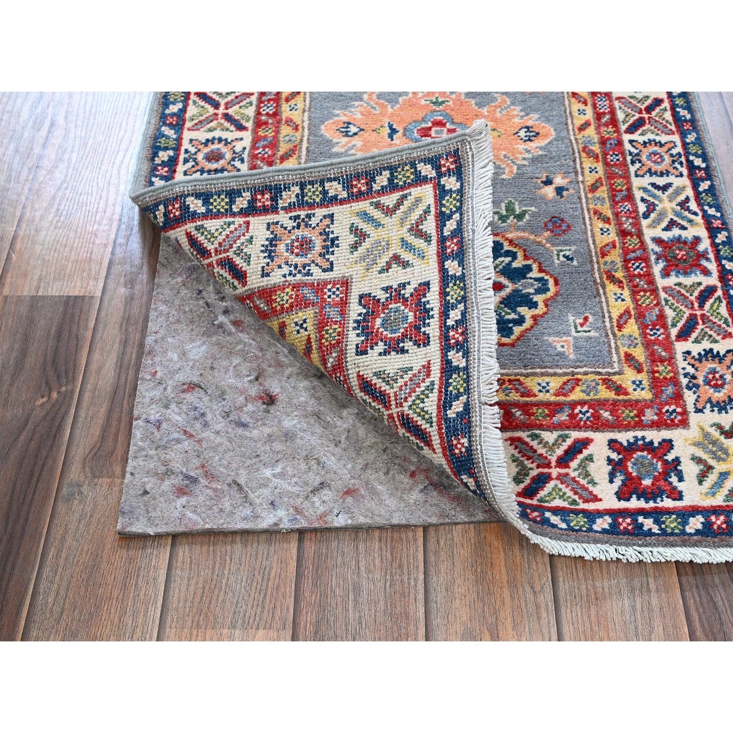2'X6'6" Gray Kazak With Tribal Design Soft Wool Hand Knotted Runner Rug