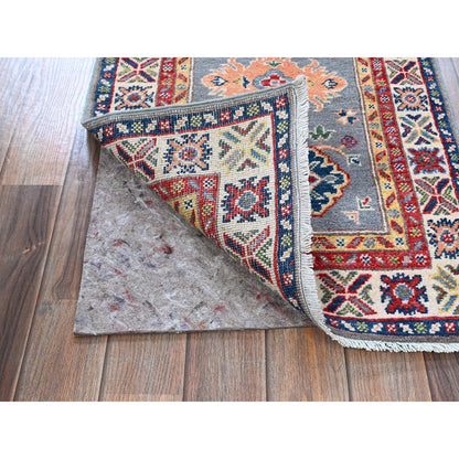 2'X6'6" Gray Kazak With Tribal Design Soft Wool Hand Knotted Runner Rug