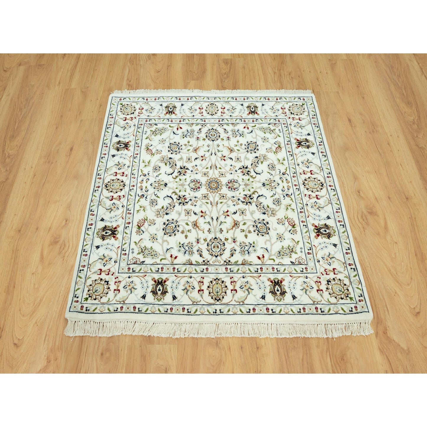 4'X4' Weathered White All Over Flower Design Hand Knotted Wool Square Rug
