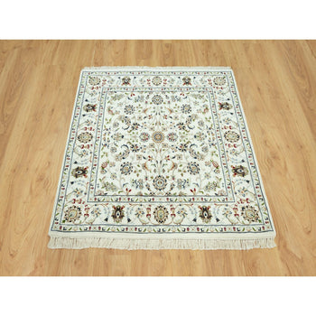 4'X4' Weathered White All Over Flower Design Hand Knotted Wool Square Rug