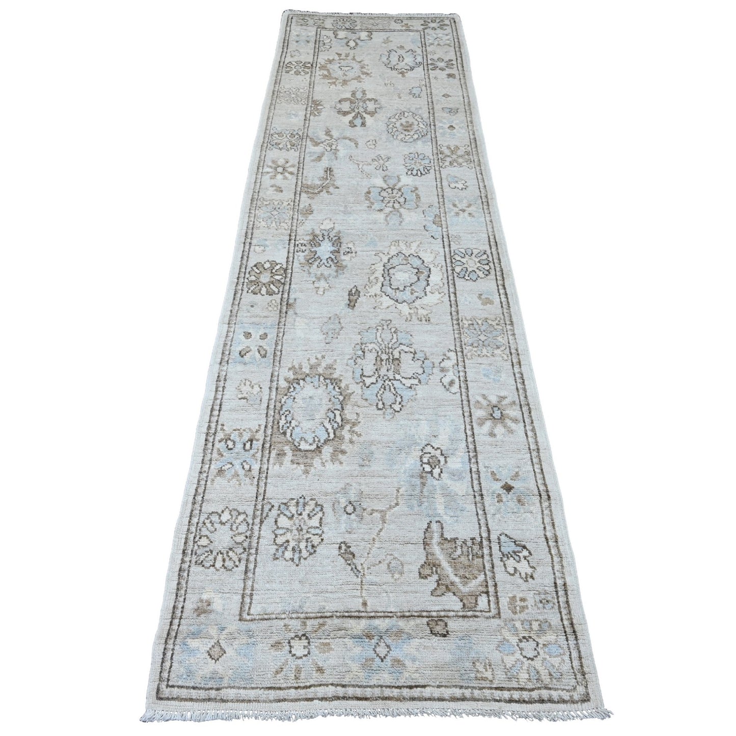 2'7"X9'9" Gray Angora Oushak Leaf Design Hand Knotted All Wool Runner Rug
