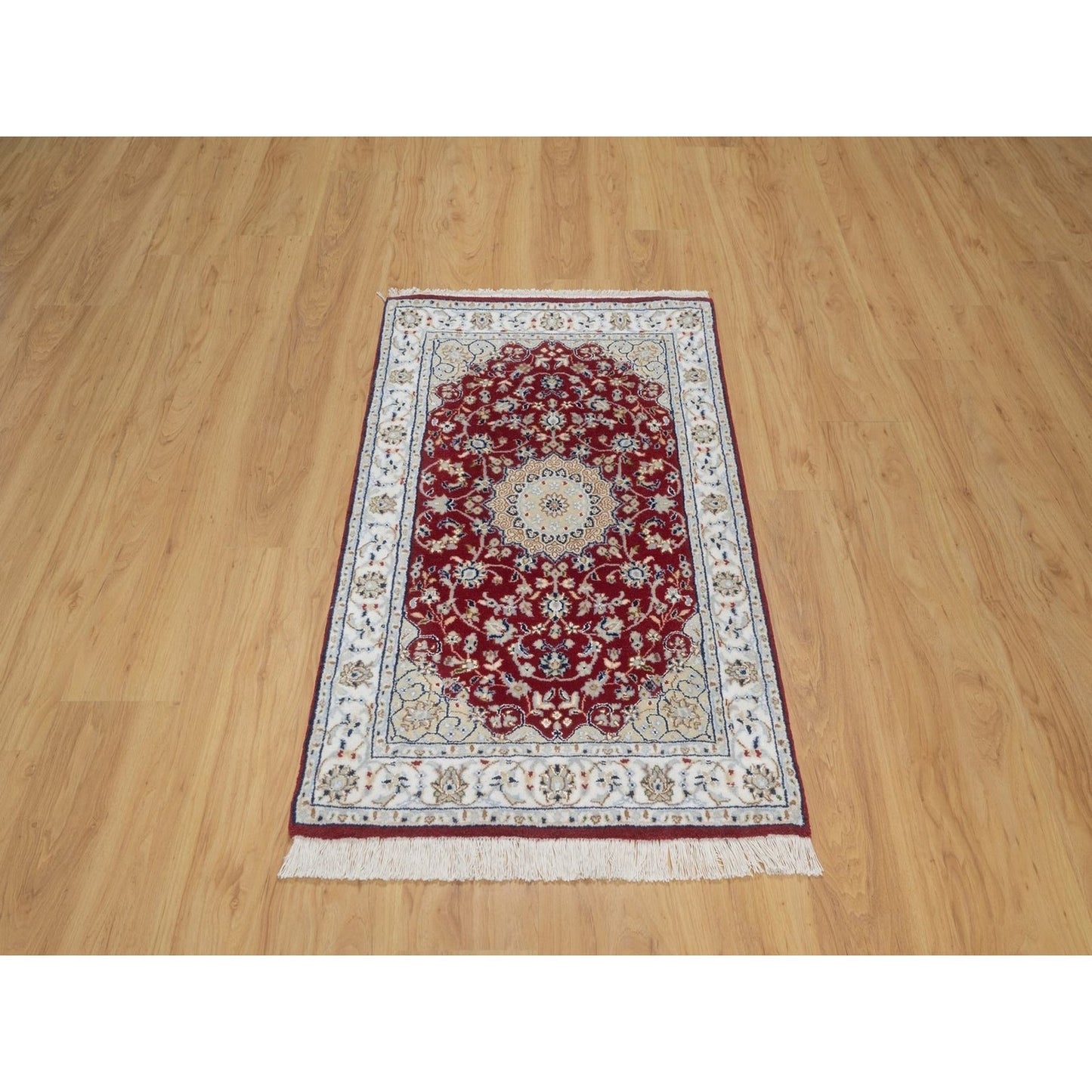 2'6"X4'1" Red Nain With Flower Design Hand Knotted Wool And Silk Mat Rug