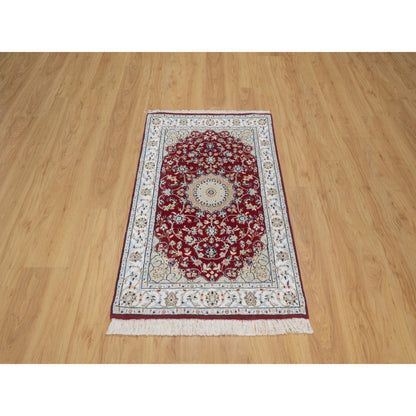 2'6"X4'1" Red Nain With Flower Design Hand Knotted Wool And Silk Mat Rug