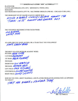 Joe Altobelli Autographed Hand Filled Out Survey Page (Jsa)