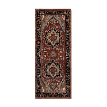 2'6"X6'3" Red Antiqued Heris Hand Knotted New Zealand Wool Runner Rug