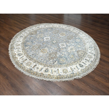 9'X9' Blue Gray Hand Knotted Karajeh Design Wool Round Oriental Rug