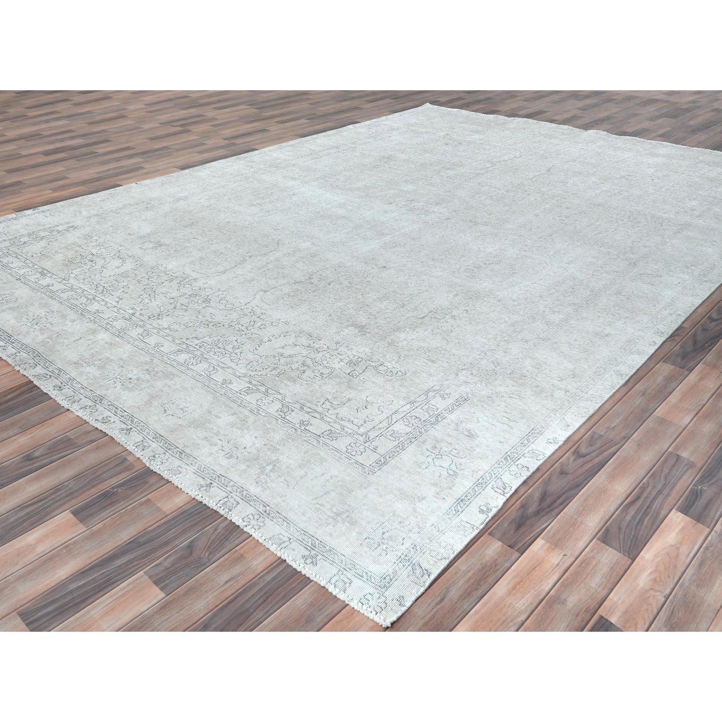 9'7"X13'2" Gray Hand Knotted Old Farsian Tebraz Worn Wool Distressed Rug