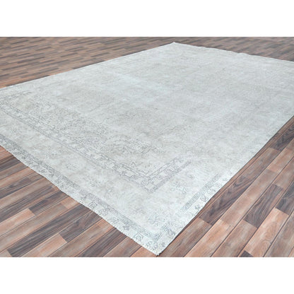 9'7"X13'2" Gray Hand Knotted Old Farsian Tebraz Worn Wool Distressed Rug