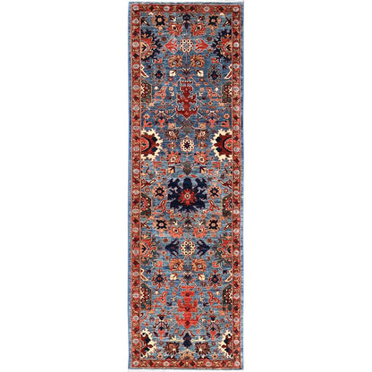 2'10"X9'10" Blue Heris All Over Design Hand Knotted Soft Wool Runner Rug