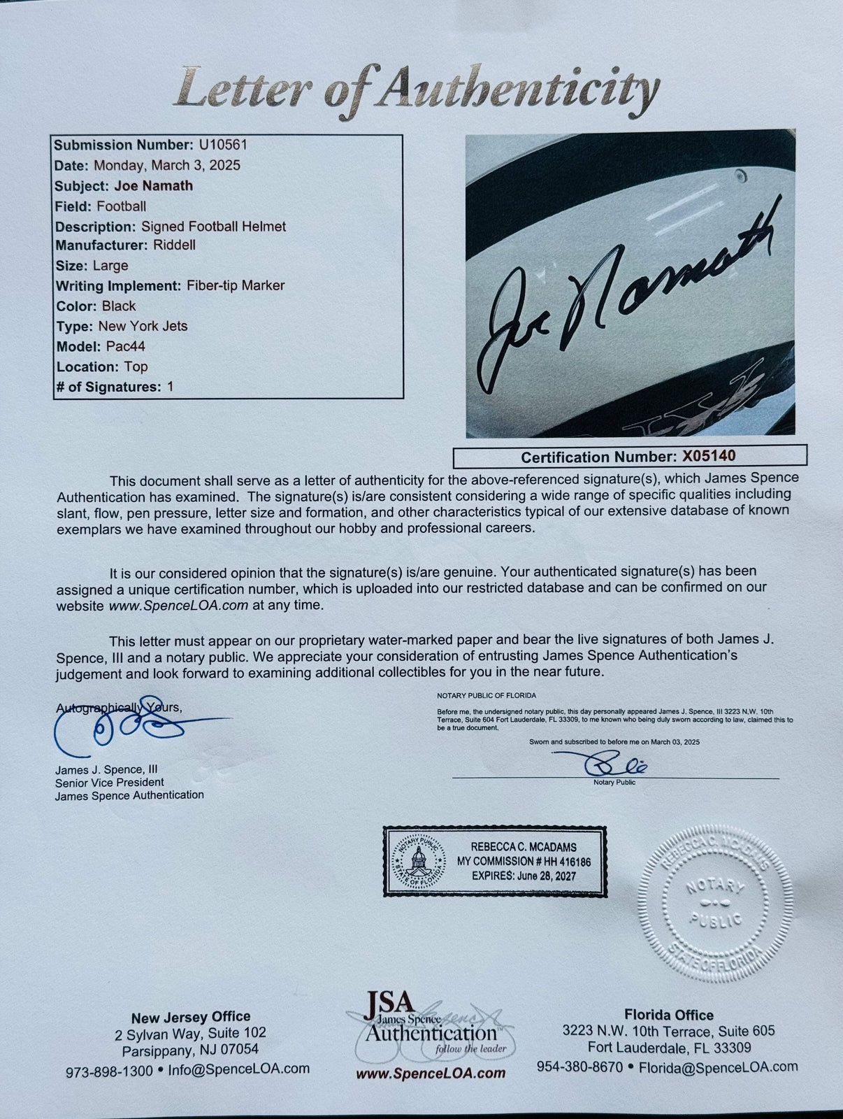 Joe Namath Autographed Authentic Jets Full Size