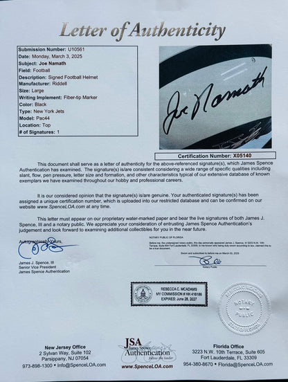 Joe Namath Autographed Authentic Jets Full Size