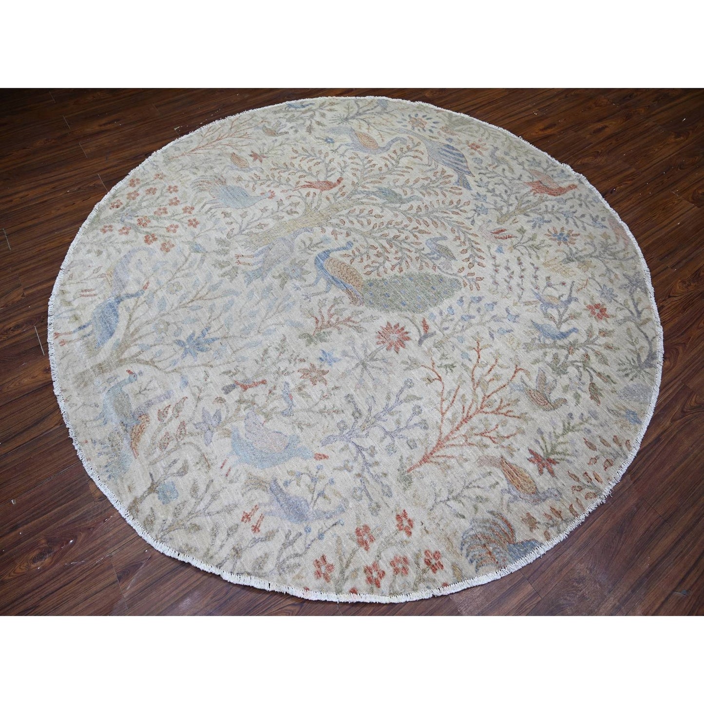 Rug 8'x8' Lexicon Ivory Afghan Peshawar Organic Wool Hand Knotted Round