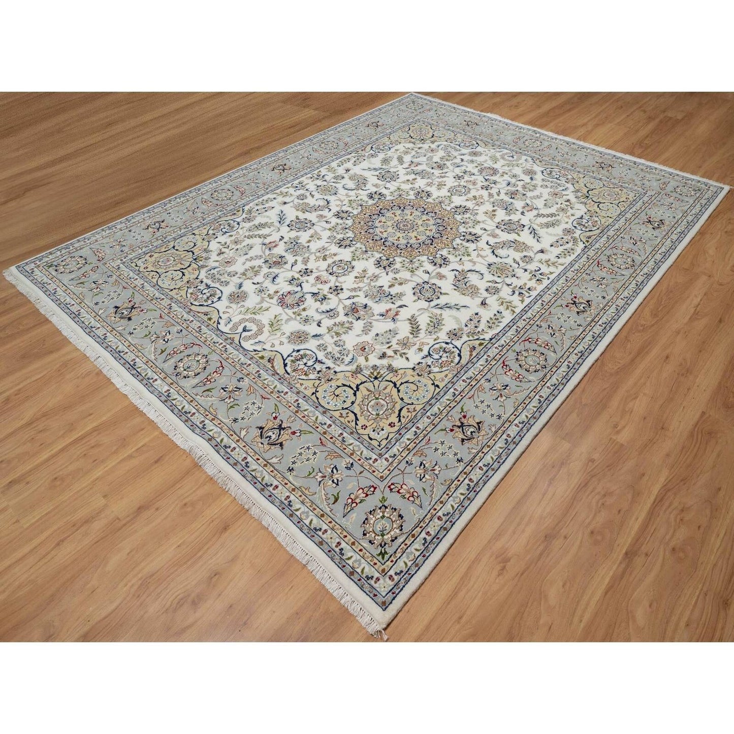 7'8"X10'2" Daisy White Nain Floral Design Hand Knotted Wool And Silk Rug