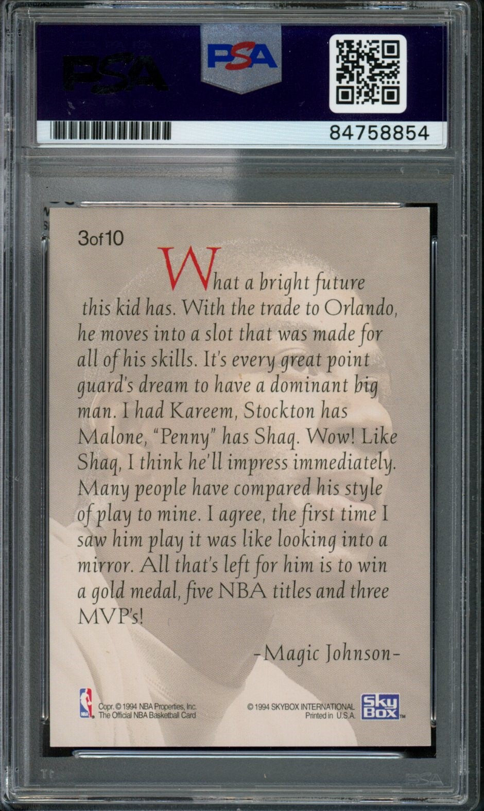 1993-94 Nba Hoops Anfernee Hardaway #3 Rookie Card Signed Magic Psa/Dna 176097