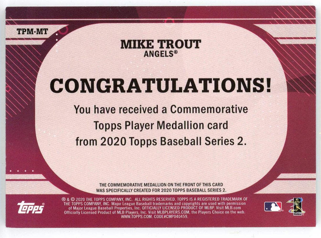 Mike Trout 2020 Topps Series 2 Player Medallion Commemorative Coin Card #Tpm-Mt