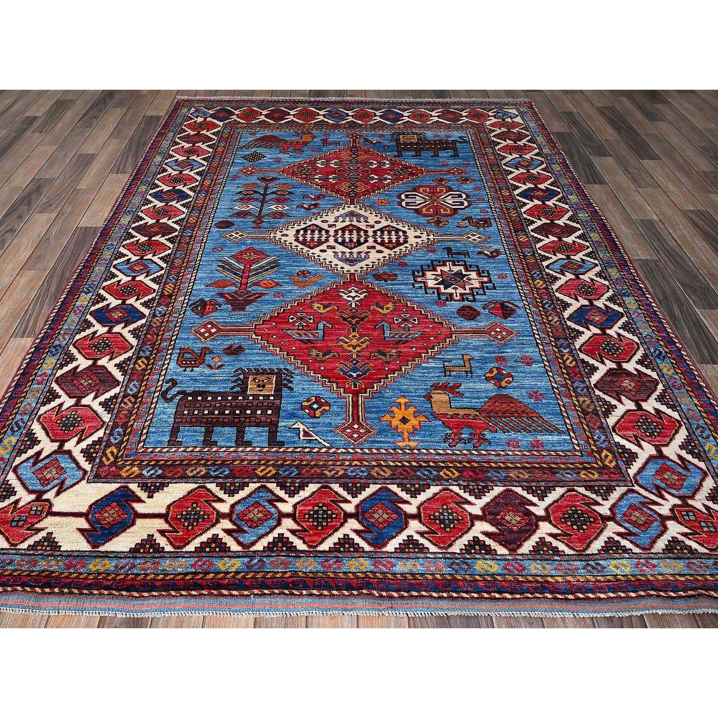 6'X8'1" Blue Afghan Caucasian Design Revival Hand Knotted Soft Wool Rug