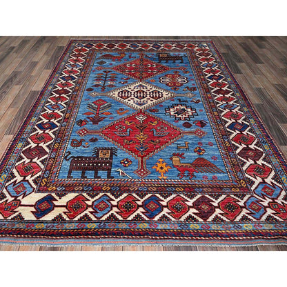 6'X8'1" Blue Afghan Caucasian Design Revival Hand Knotted Soft Wool Rug