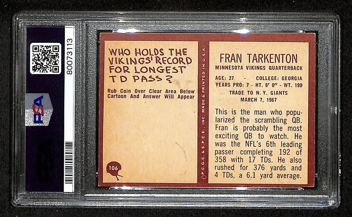 Fran Tarkenton Signed 1967 Philadelphia Card #106 Vikings PSA/ DNA EX 5 195923