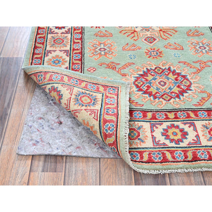 3'5"X5' Honeydew Green Kazak With Tribal Design Soft Wool Hand Knotted Rug