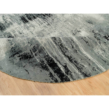 10'X10' Obsidian Black Hand Knotted Abstract Wool And Silk Round Rug