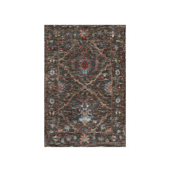 2'X3' Brown Scrolls Leaf Design Hand Knotted Textured & Wool Silk Mat Rug