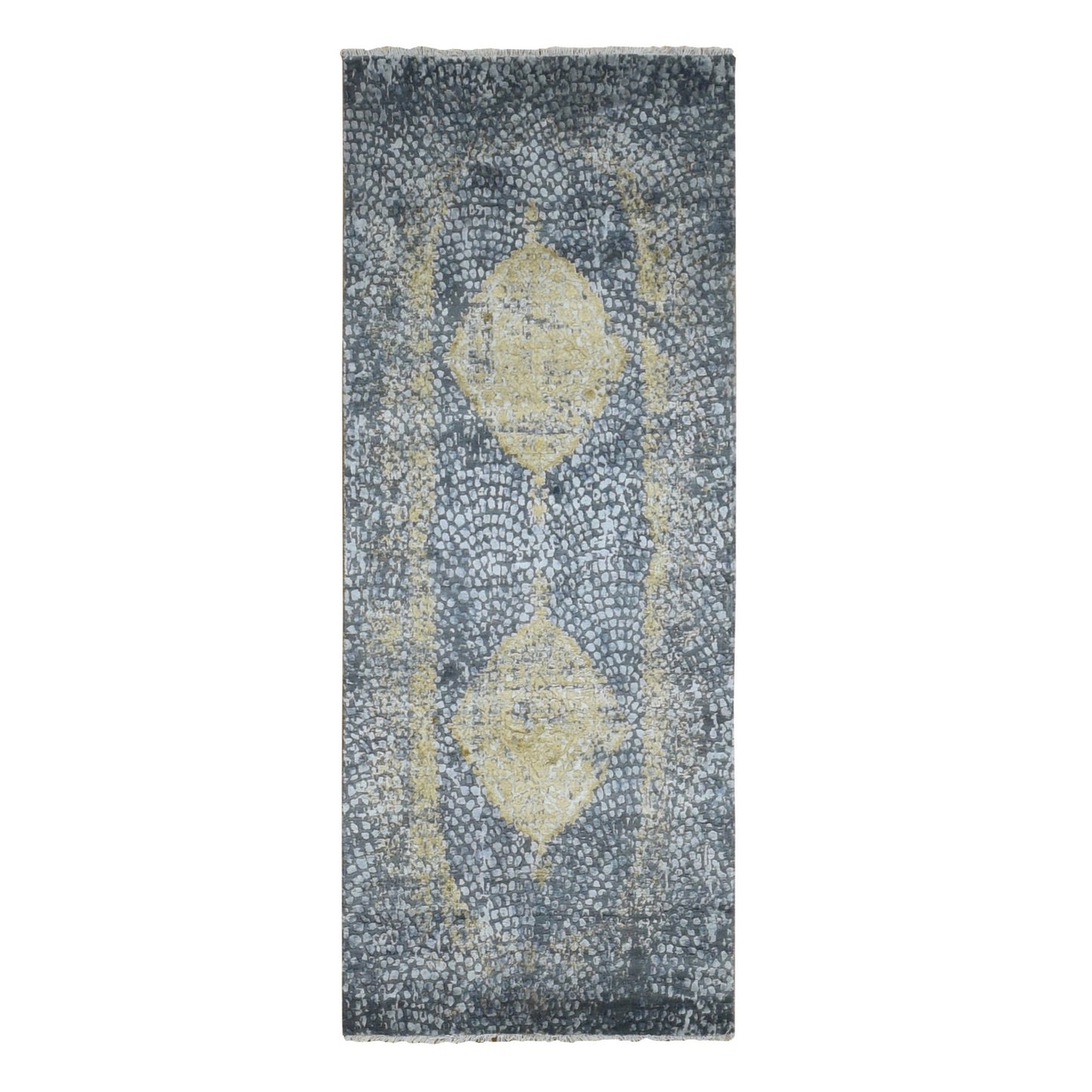 3'X8' Gray Zoroastrian Medallion Design Wool-Silk Runner Hand Knotted Rug