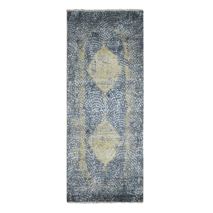 3'X8' Gray Zoroastrian Medallion Design Wool-Silk Runner Hand Knotted Rug