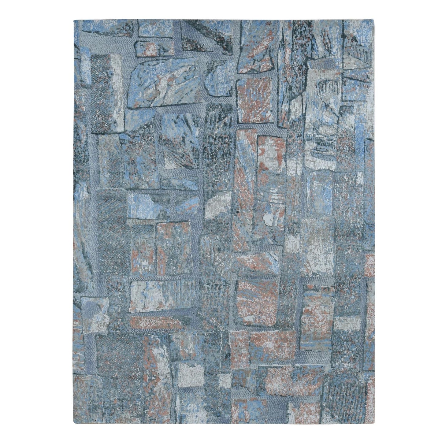 9'X12'2" Blue Modern Brick Design Hand Knotted Wool And Silk Rug
