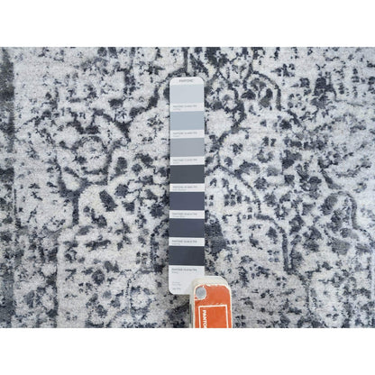 2'6"X6' Hand Knotted Gray Erased Farsian Design Wool/Silk Runner Rug