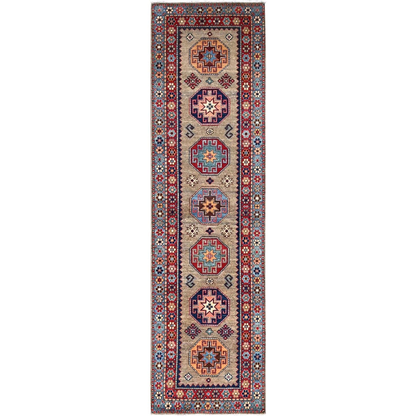 2'7"X9'8" Linen Beige Afghan Special Kazak Wool Hand Knotted Runner Rug