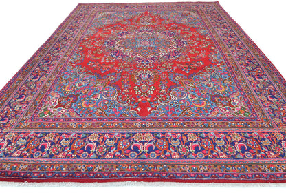 Vintage Hand-Knotted Wool Oriental Rug 10X13 Red Floral Classic Design Carpet