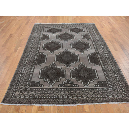6'3"X9'10" Gray Vintage Afghan Balooch Hand Knotted Pure Wool Rug