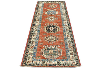 Handmade Kazak Runner Rug Rusty Red Tribal