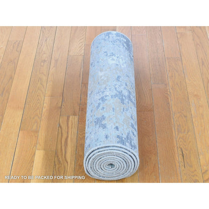 2'6"X11'10" Gray Pure Wool Modern Abstract Design Hand Knotted Runner Rug